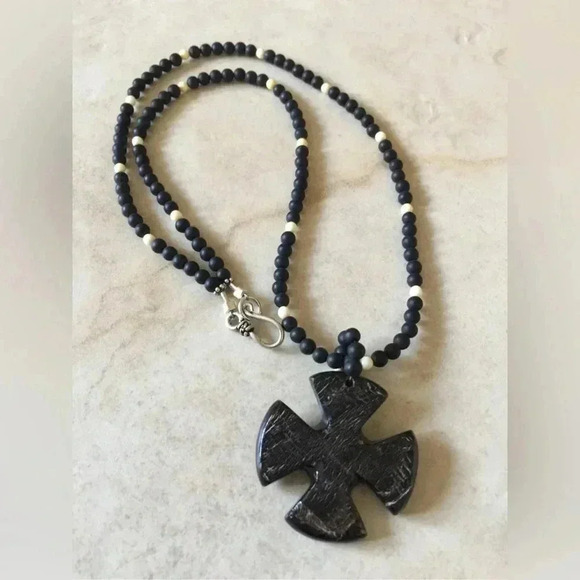 Nature’s Splendour®️ LLC Jewelry Jewelry - Yak Horn Carved Cross Necklace Black Onyx Bone Bead Mens Necklace Women Necklace